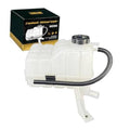Coolant reservoir tank with sensor and black cap, white housing and connected hose