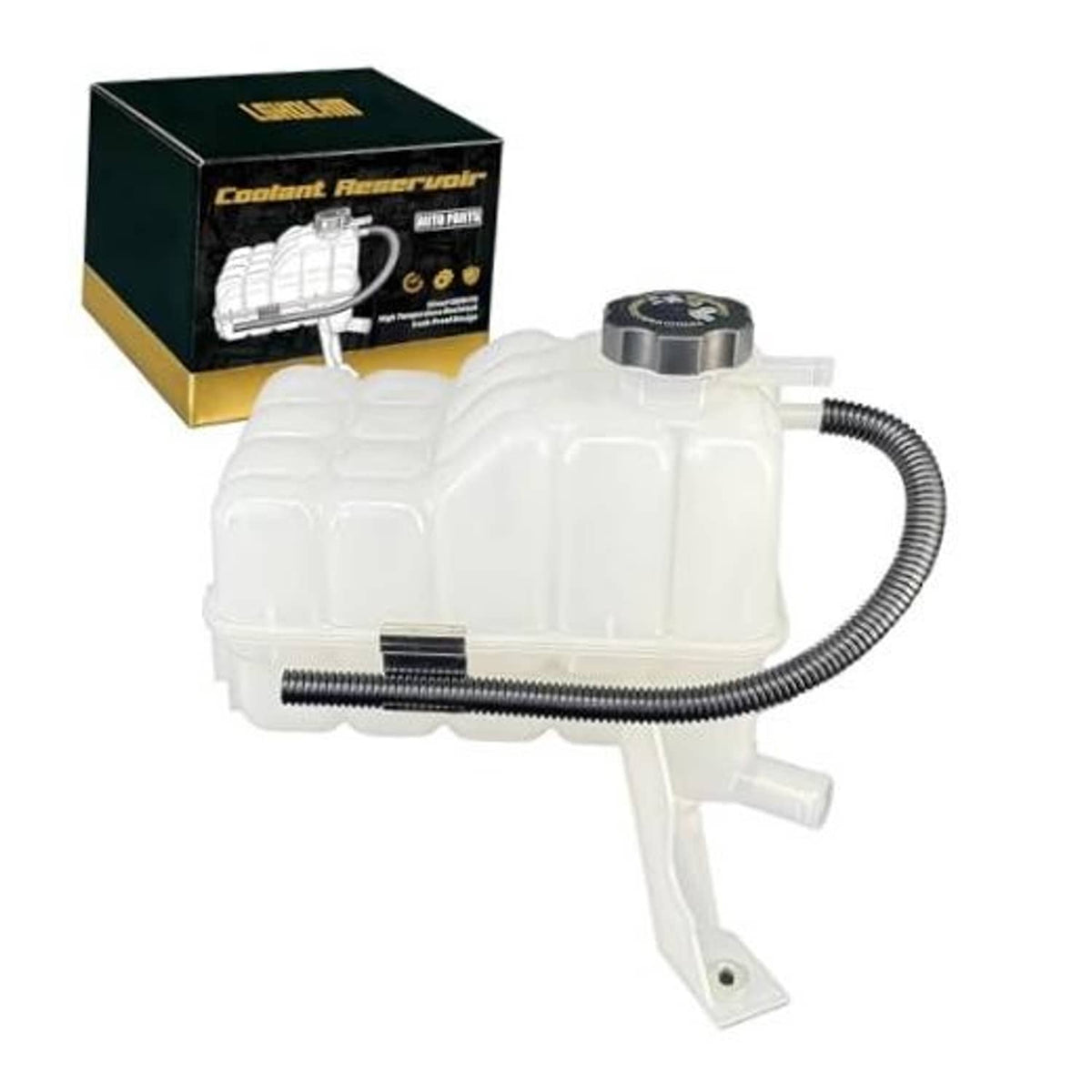 Coolant reservoir tank with sensor and black cap, white housing and connected hose