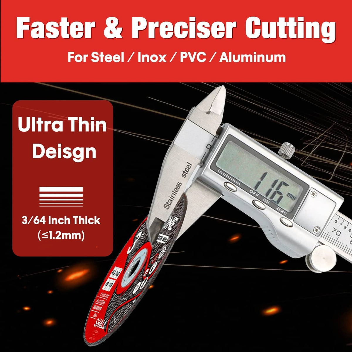 Ultra-thin cut-off wheel with red-and-black label, approx 3/64 in thickness