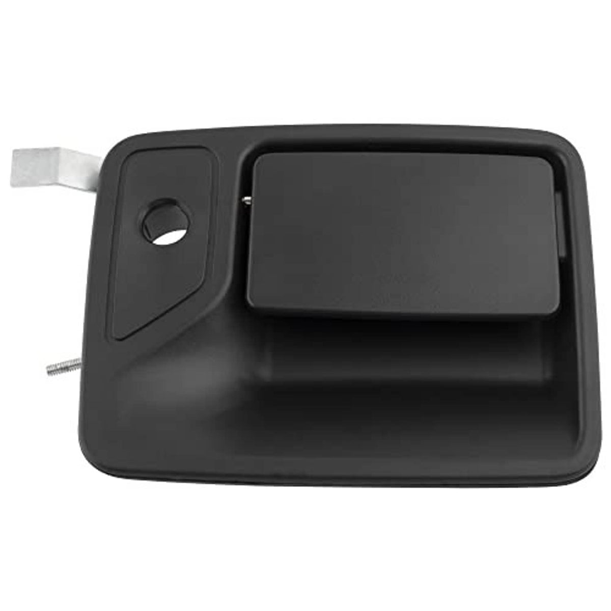 Exterior door handle, matte dark gray/black with recessed grip and key cylinder
