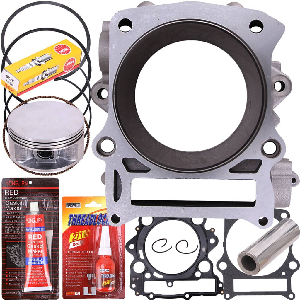 Cylinder block and piston kit with gaskets and rings, parts displayed