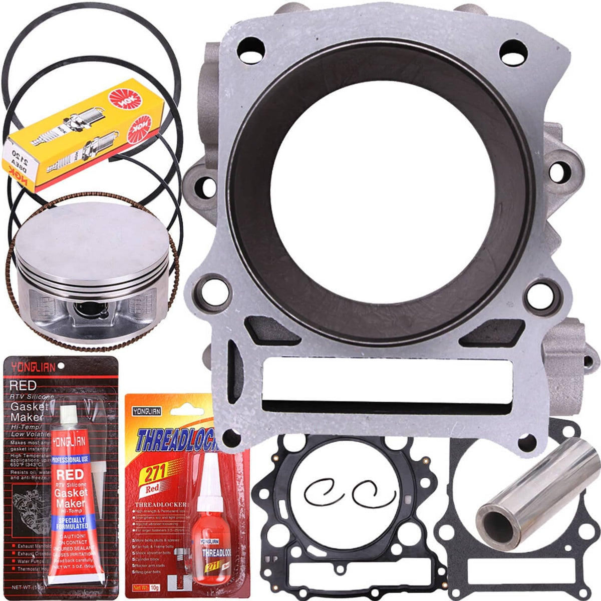 Cylinder block and piston kit with gaskets and rings, parts displayed