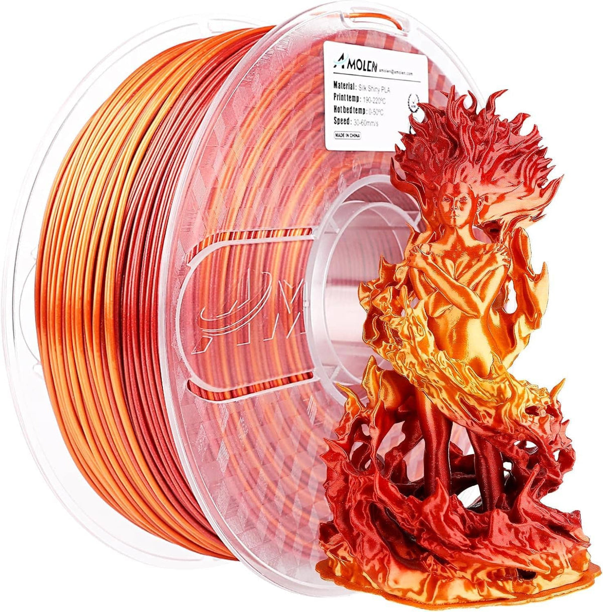 Silk PLA 3D printing filament spool with shiny red to gold gradient strand