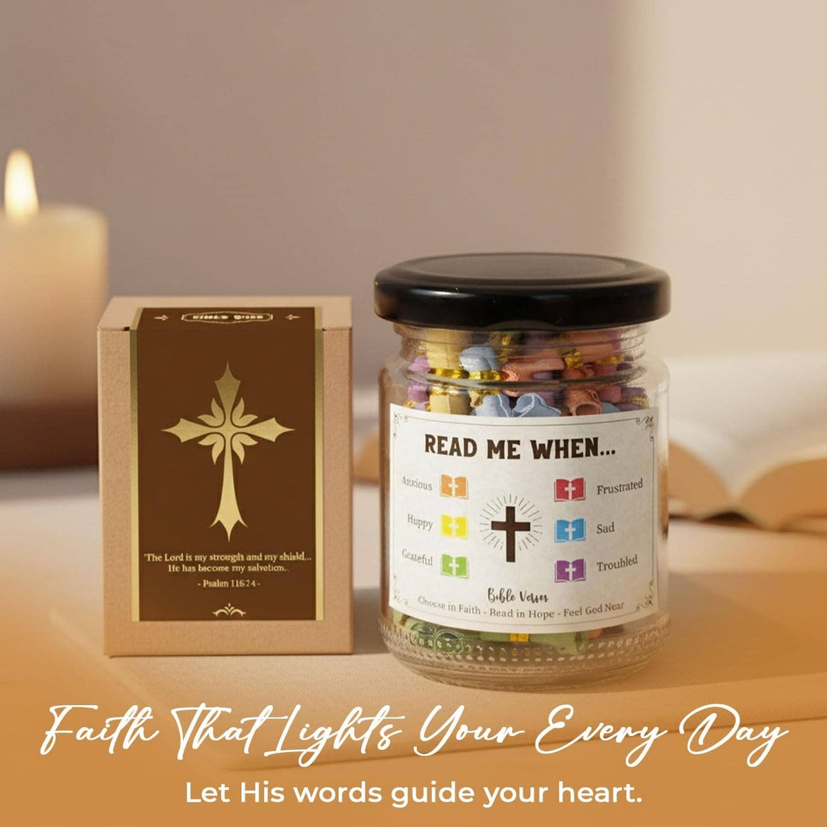 Prayer verse jar with black lid and Read Me When label, beside cross-themed gift box