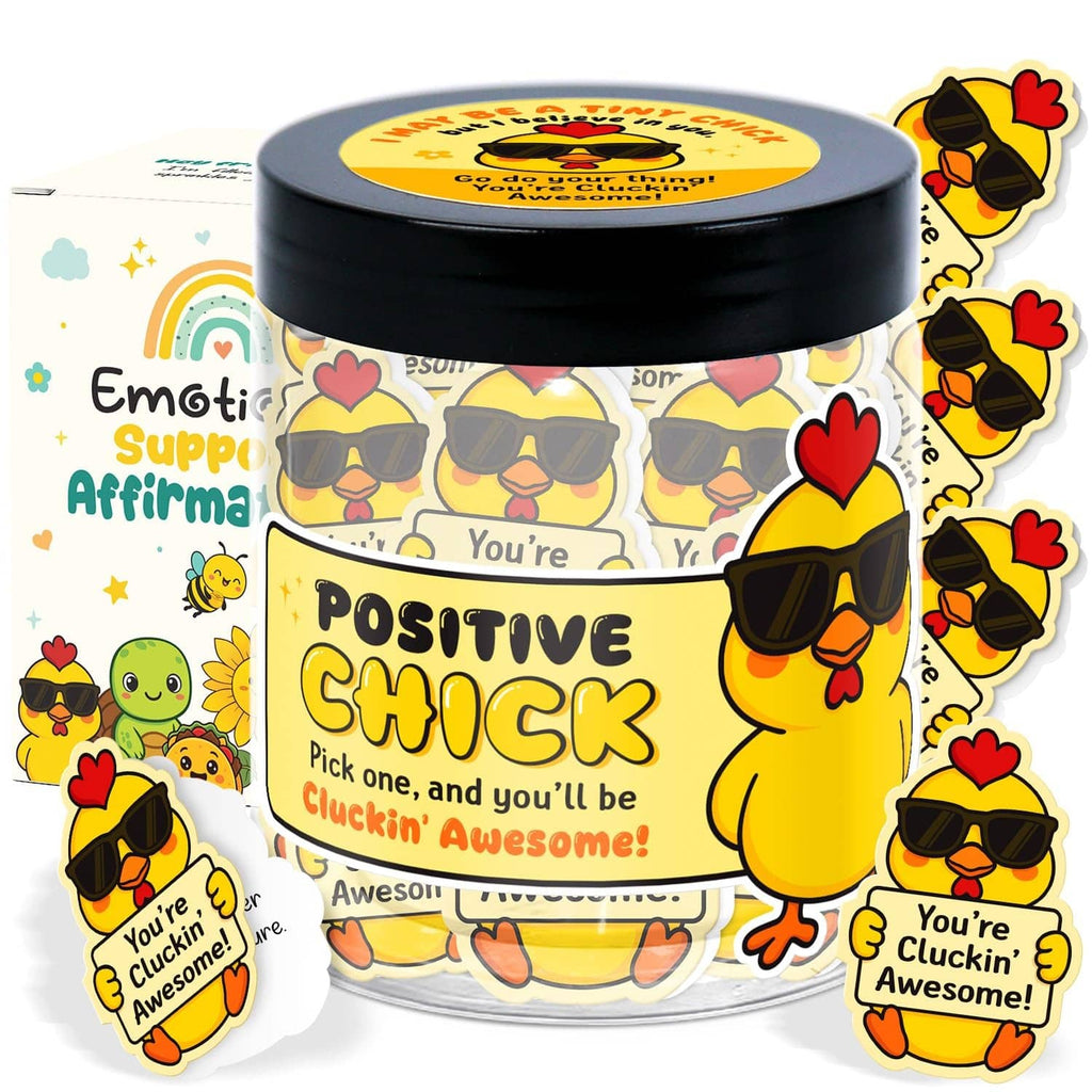Positive chicken affirmation note jar with black lid and colorful card stickers
