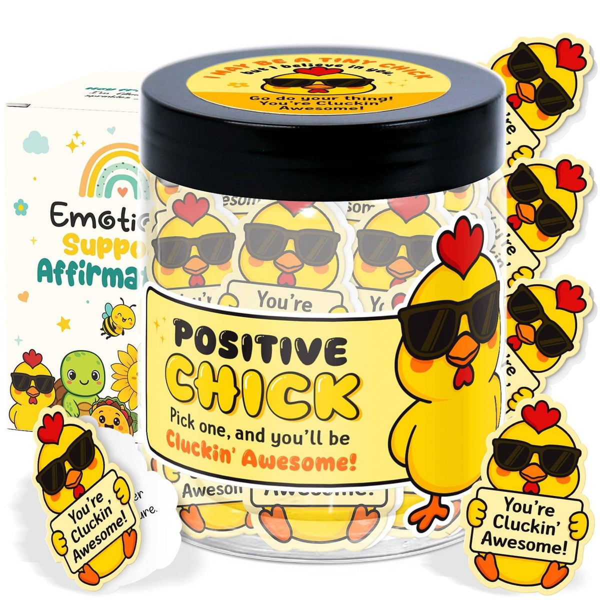 Positive chicken affirmation note jar with black lid and colorful card stickers