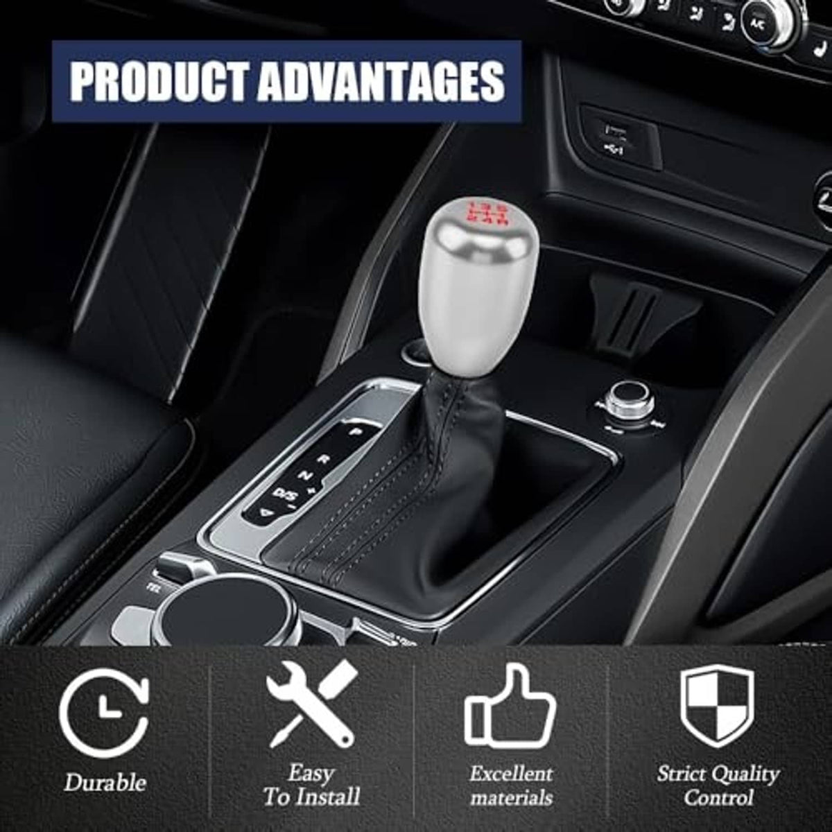 Silver gear shift knob with black leather boot for manual car interior