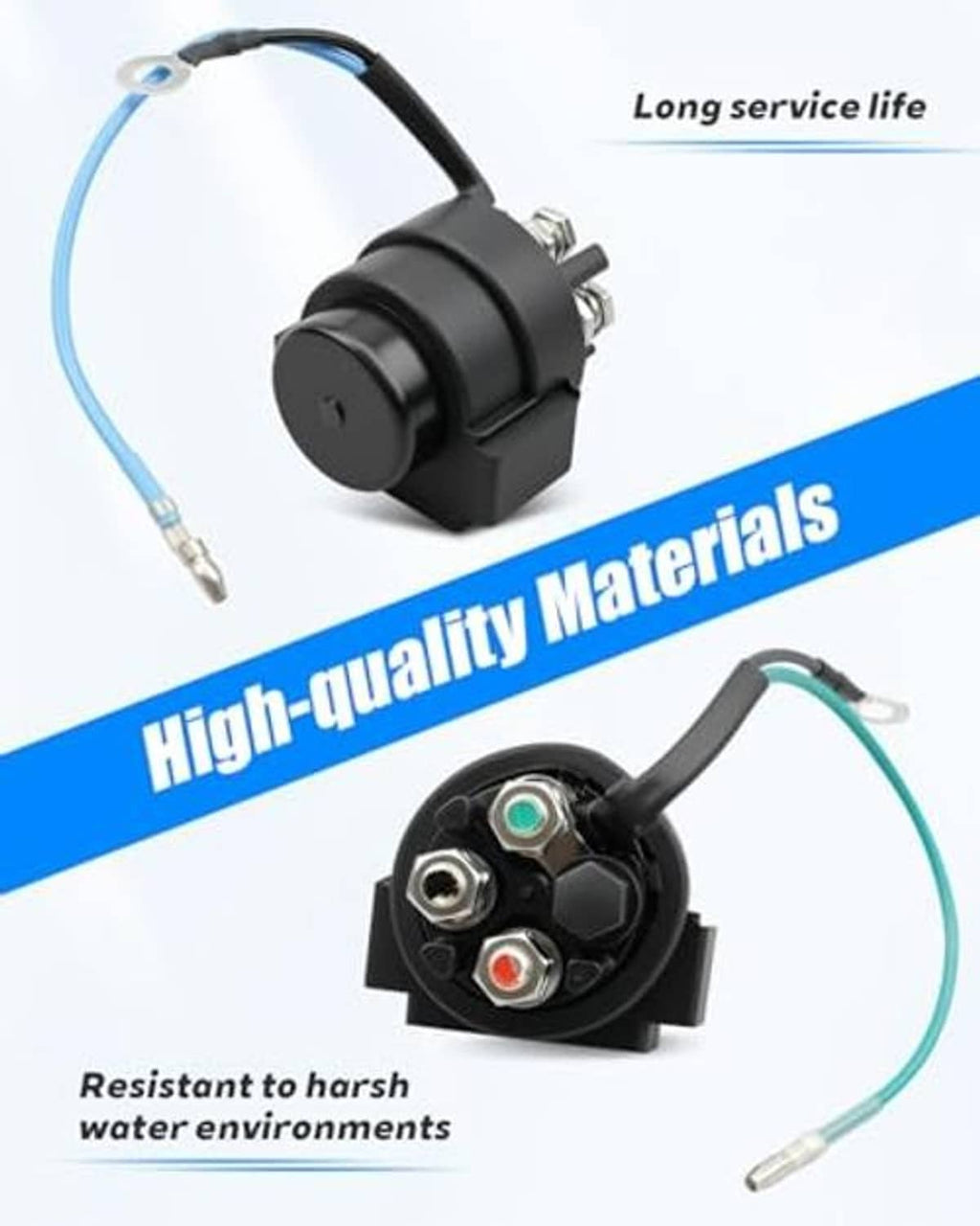 Power trim tilt relay with black housing, ring terminal wires, and mounting parts