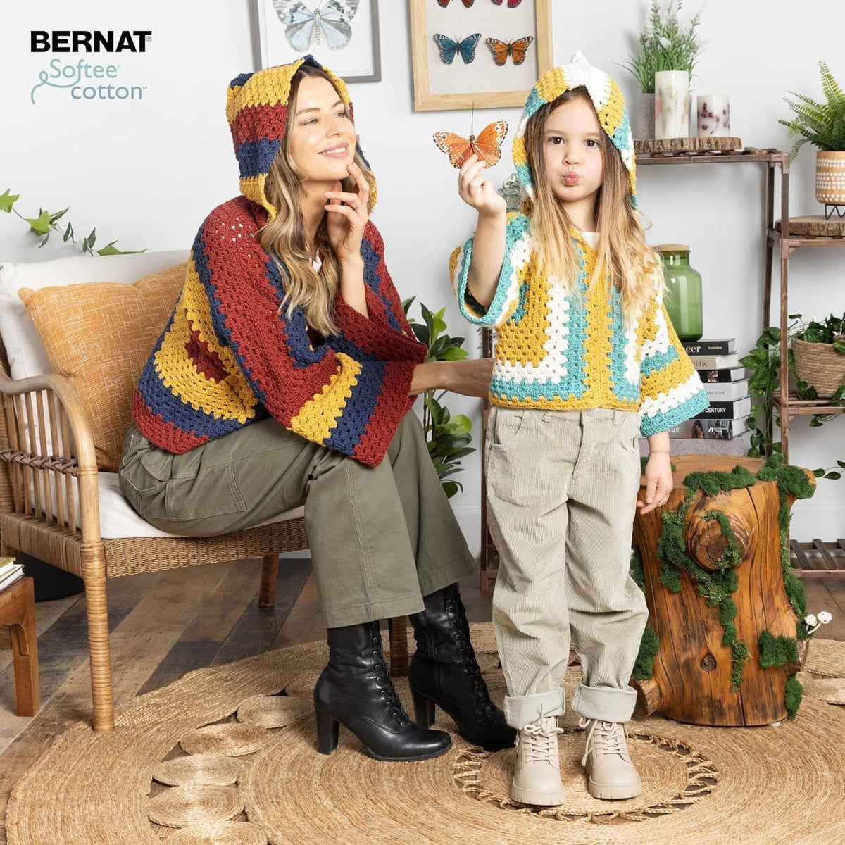 Multicolor striped crochet sweater set on two people with Bernat Softee Cotton logo