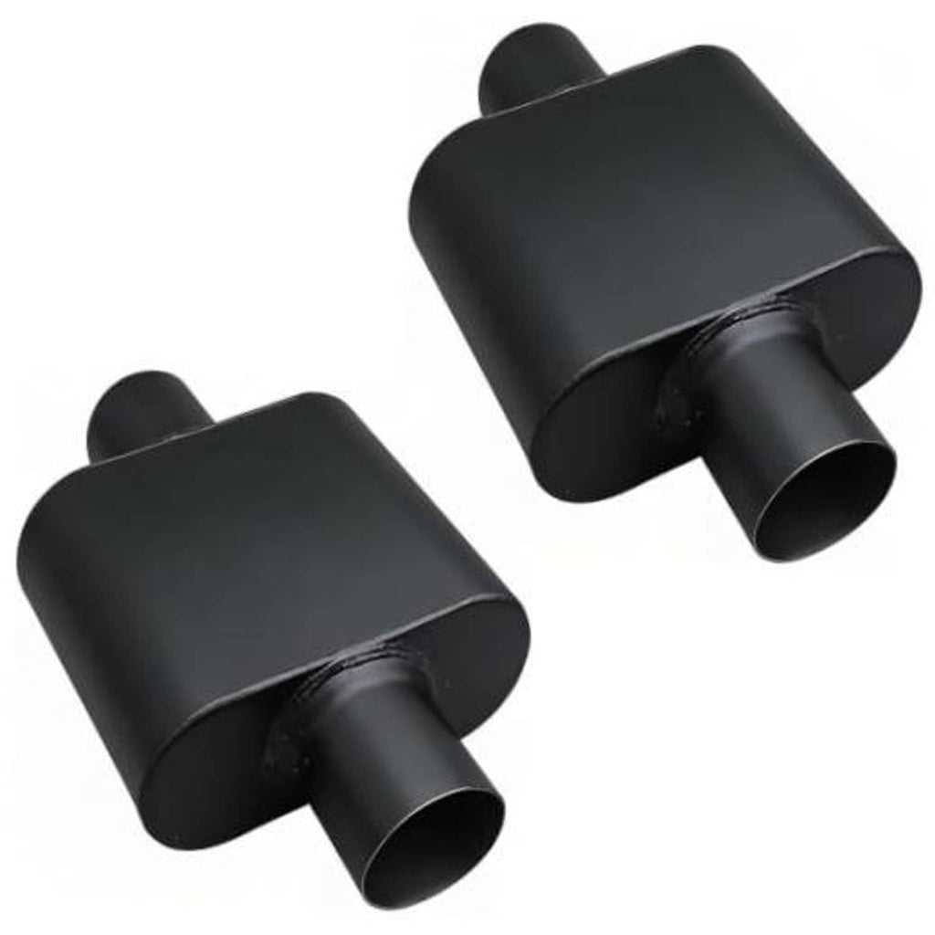 Black single-chamber muffler pair with rectangular housings and angled outlet tubes