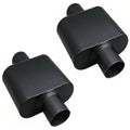 Black single-chamber muffler pair with rectangular housings and angled outlet tubes