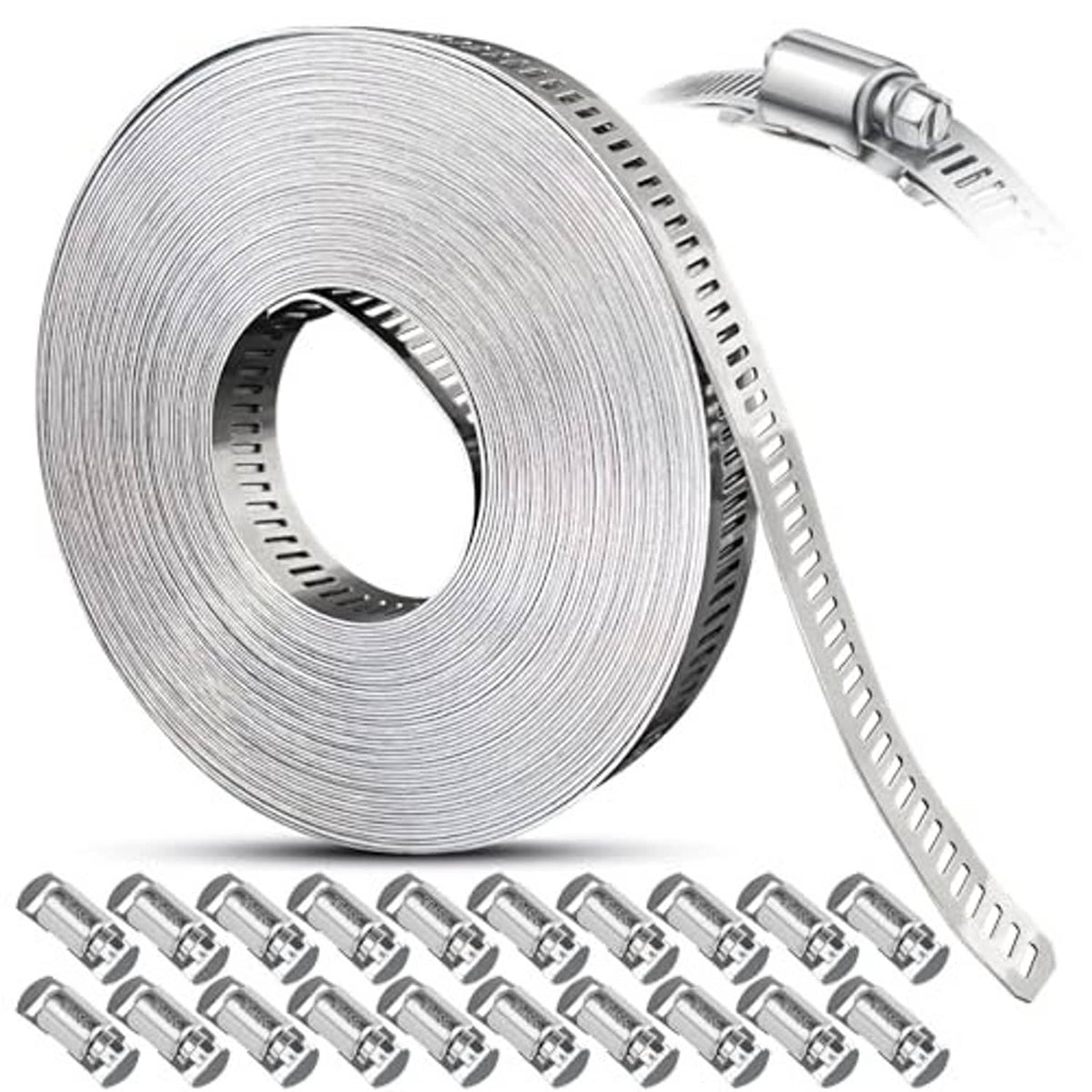 Stainless steel worm gear hose clamp strap roll with bundled adjustable clamps