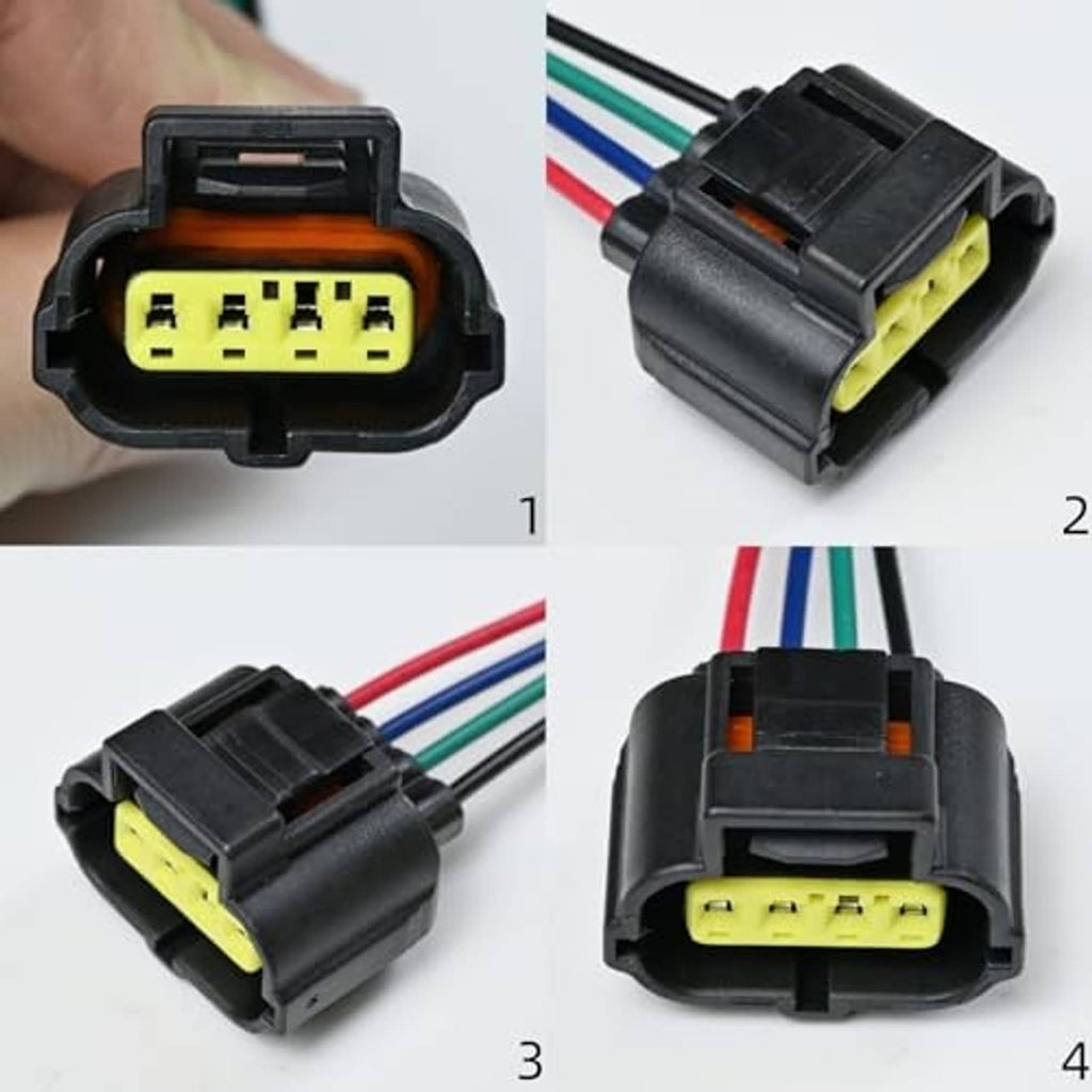 Throttle sensor connector housing with yellow 4-pin terminals, front and side views