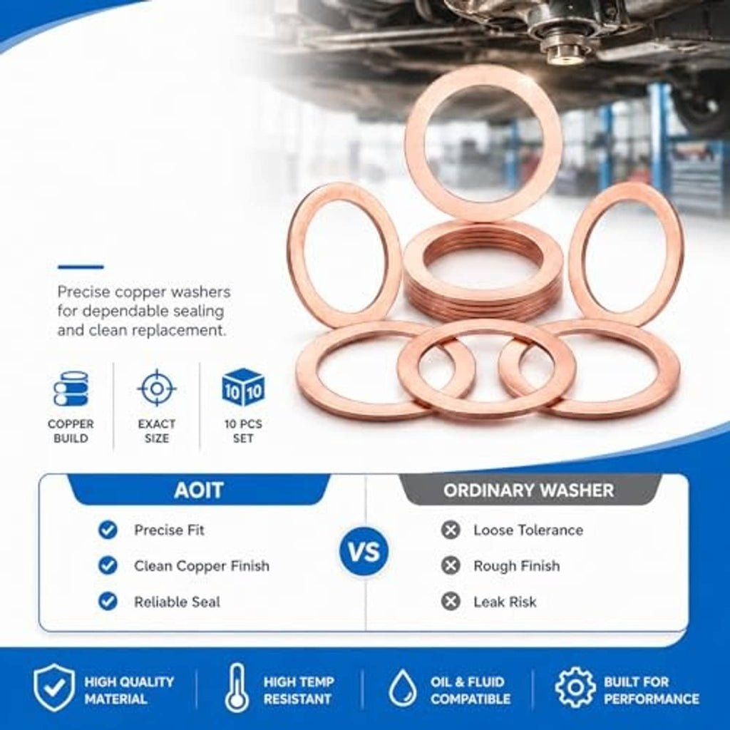Copper drain plug crush washers, 10-piece set with precise fit and clean finish callouts