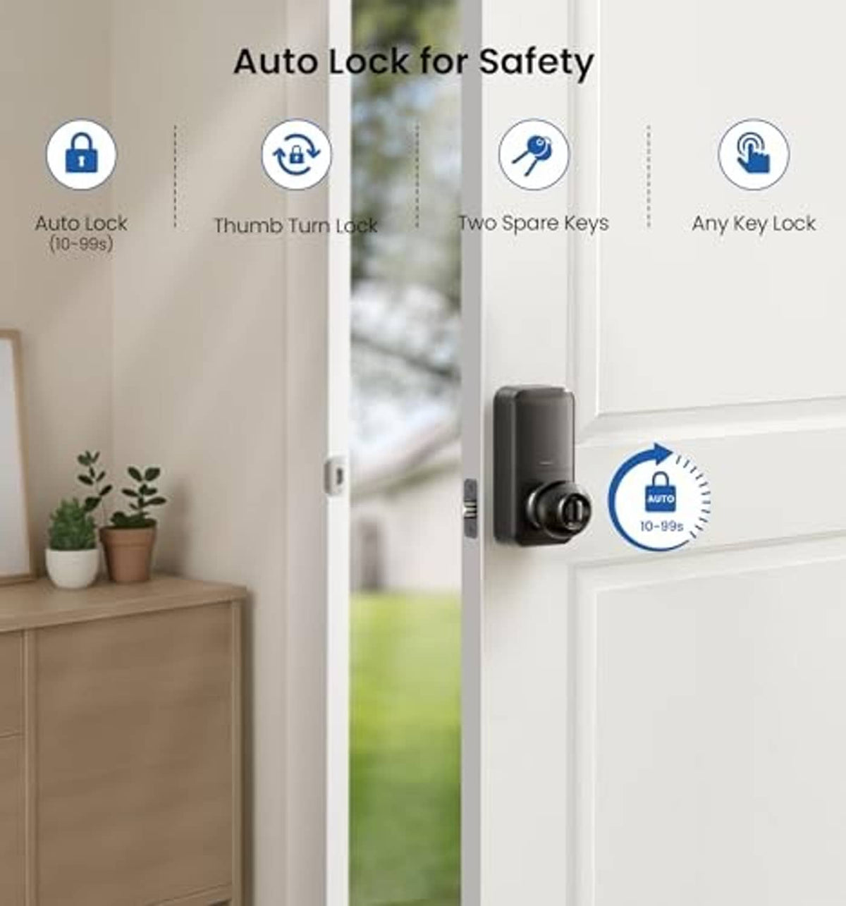 Auto-lock smart deadbolt with thumb-turn knob and round lever handle
