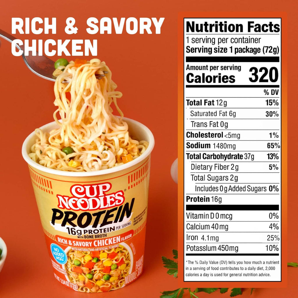 Ramen cup with bowl of noodles beside Nutrition Facts panel for chicken flavor