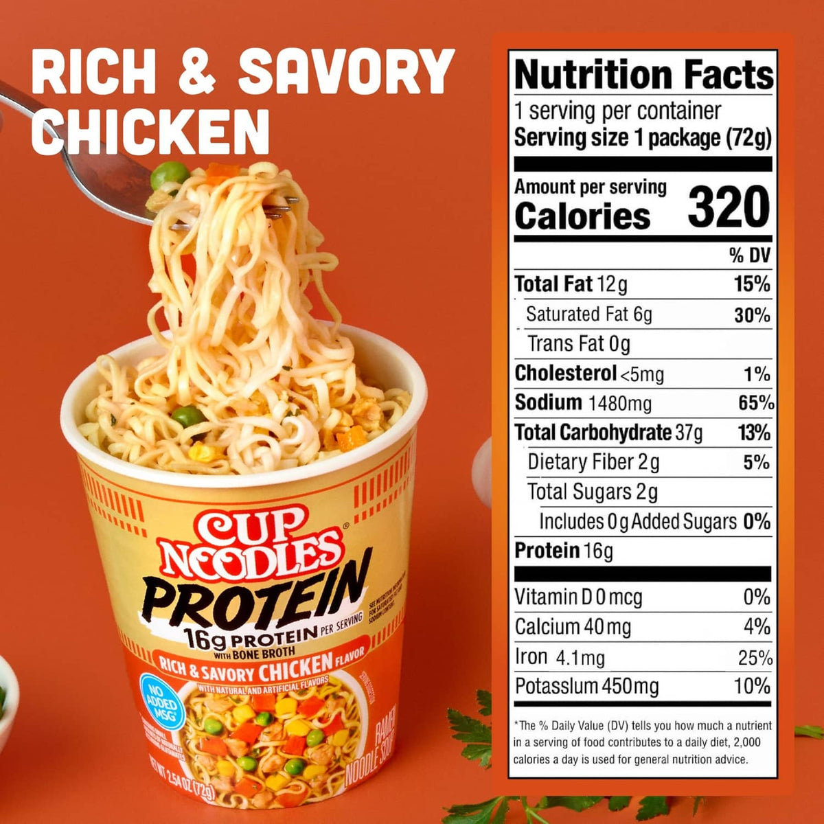 Ramen cup with bowl of noodles beside Nutrition Facts panel for chicken flavor