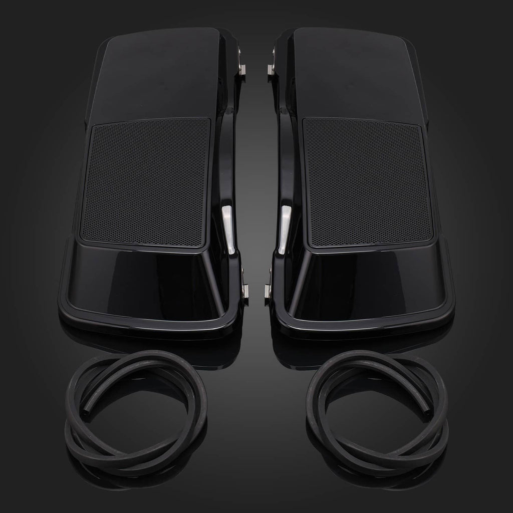 Black hard saddlebag speaker covers with mesh panels and two matching accessory cables