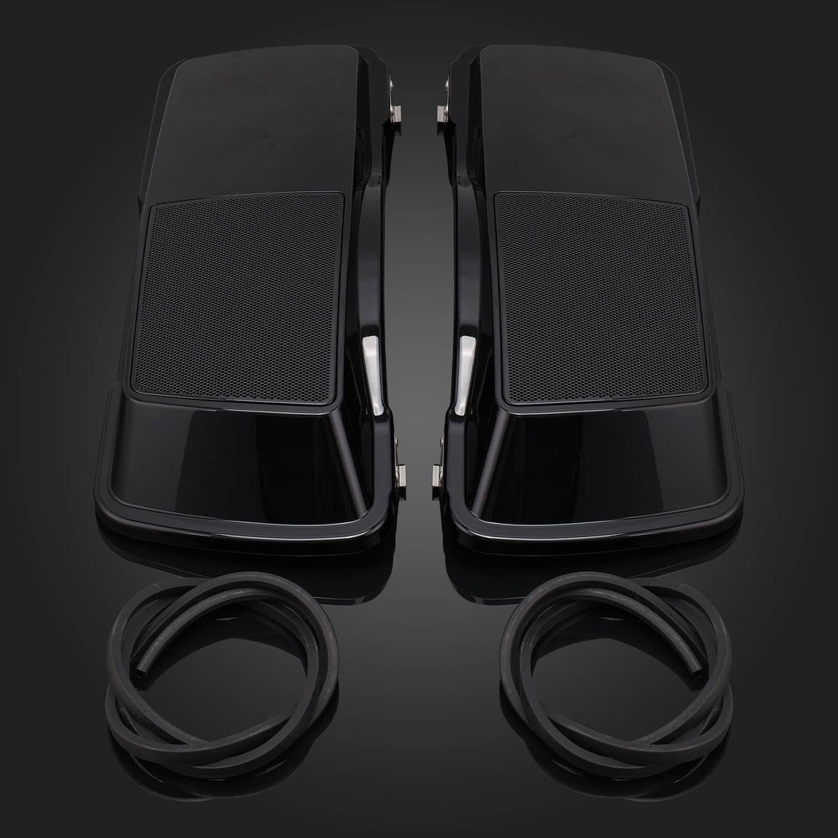 Black hard saddlebag speaker covers with mesh panels and two matching accessory cables