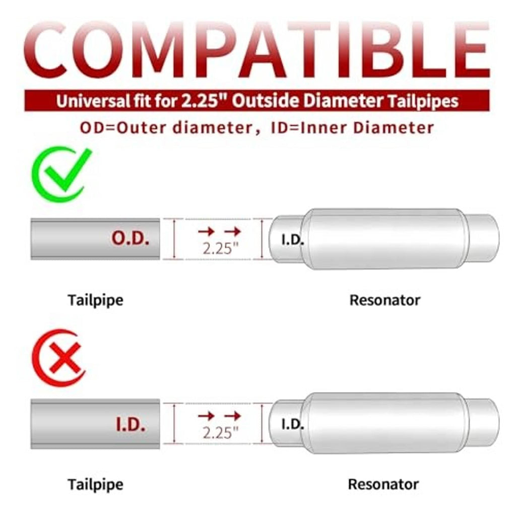 Universal resonator muffler fit diagram for 2.25 in outside diameter tailpipes
