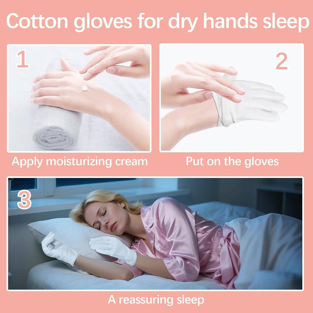 White cotton sleep gloves applied on hands for dry-hand comfort while sleeping