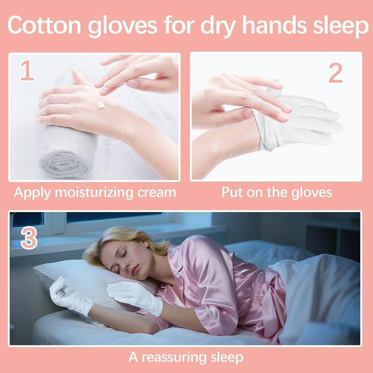 White cotton sleep gloves applied on hands for dry-hand comfort while sleeping