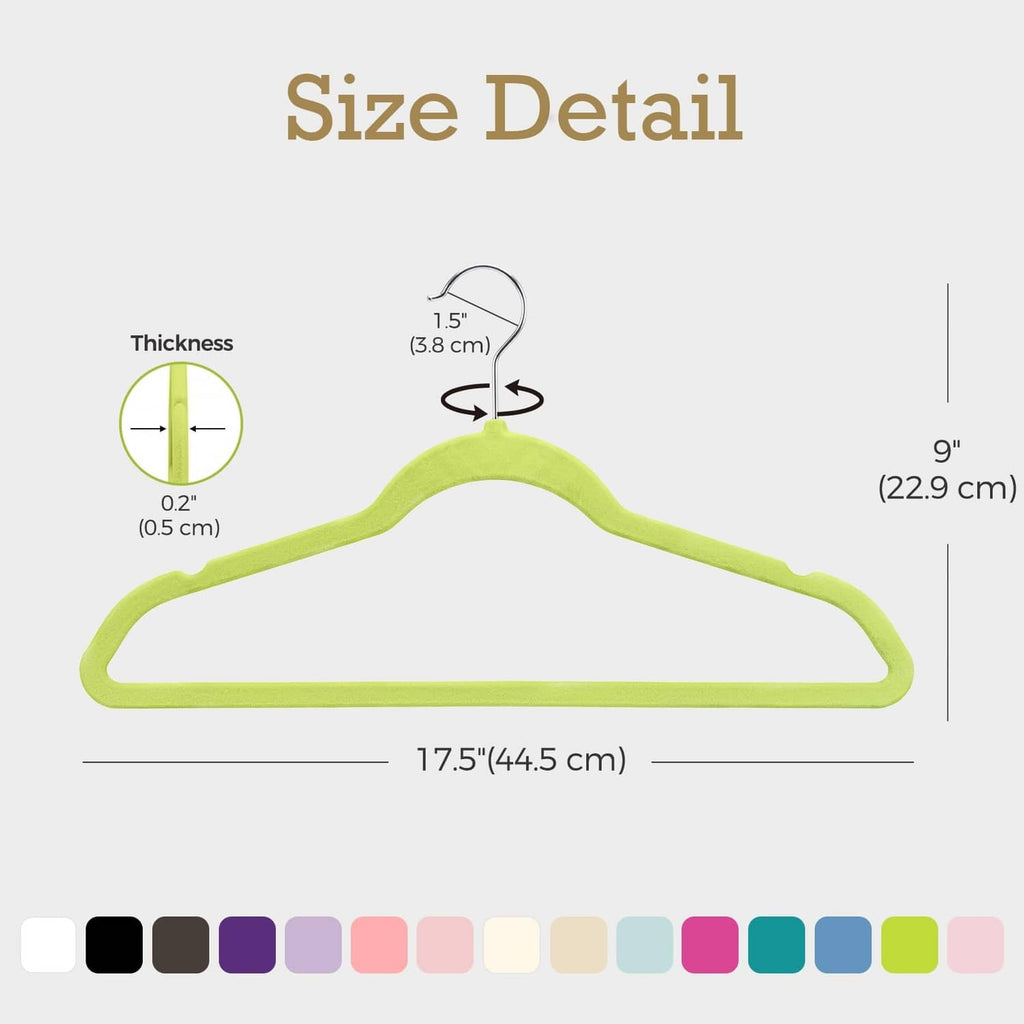 Vibrant green velvet hanger size outline with thickness and length measurements