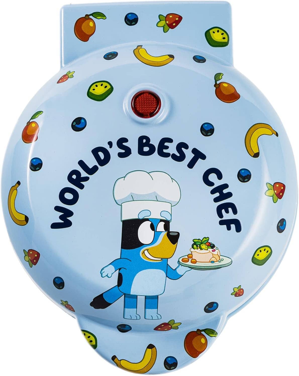 Blue mini waffle maker with cartoon chef and colorful fruit icons; round heat vent.