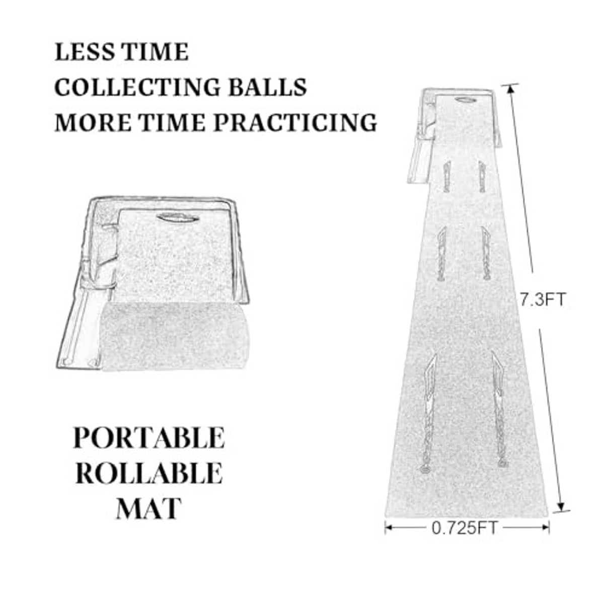 Portable roll-up golf putting mat with auto ball return, showing size diagram