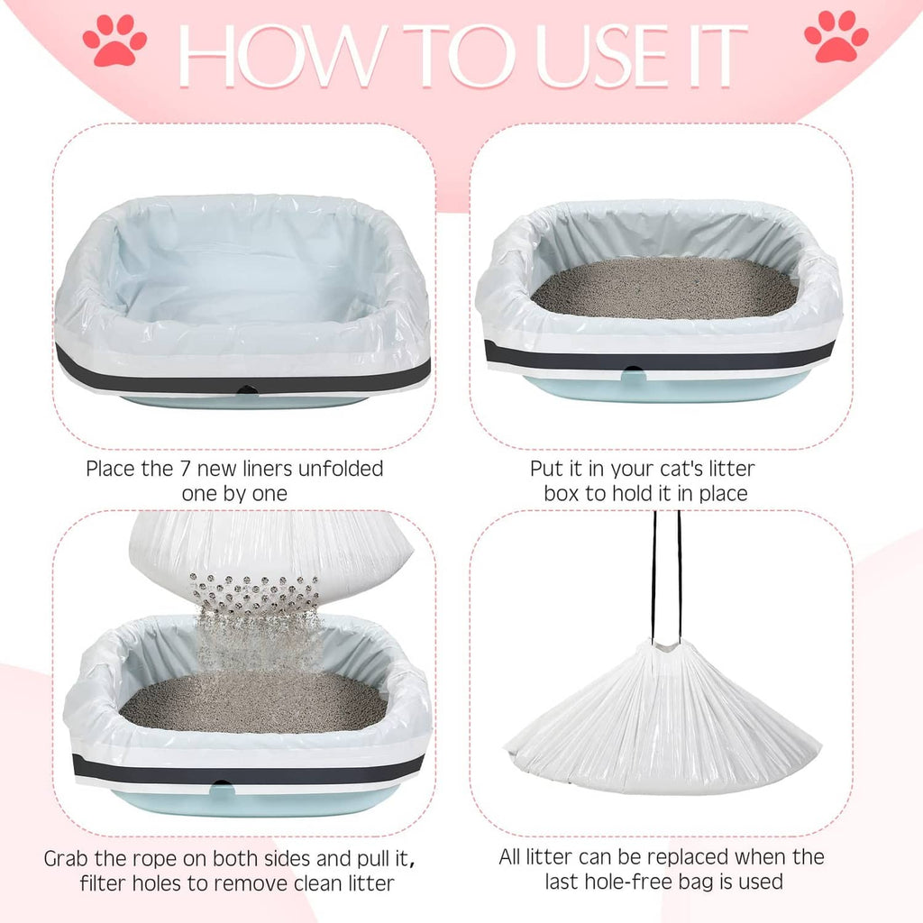 White drawstring litter liner bag shown placed on tray and pulled for removal