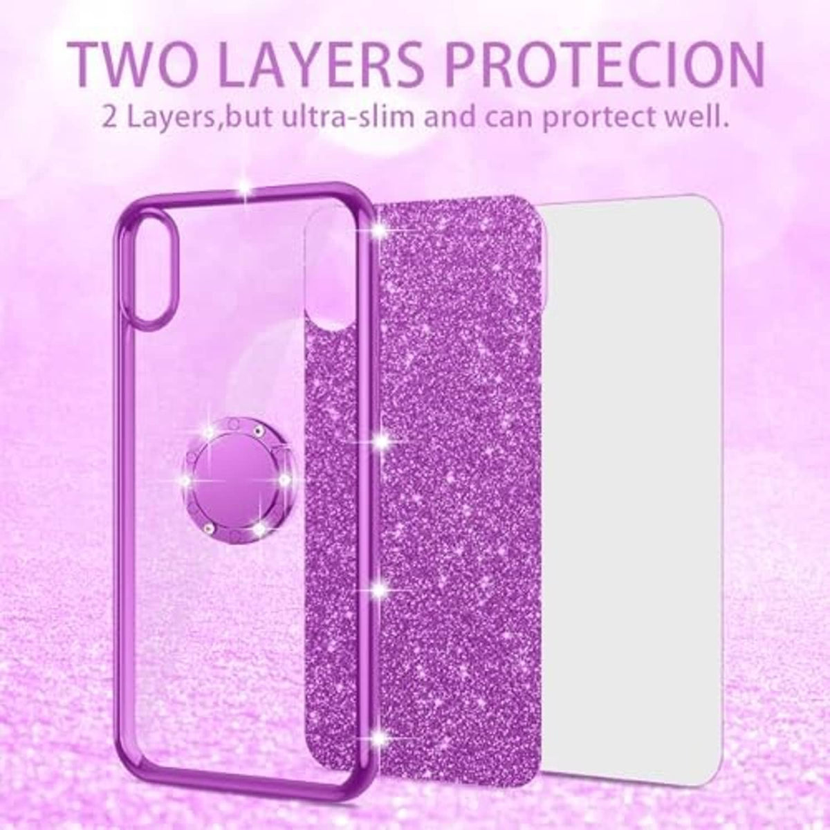 Purple glitter TPU phone case with ring kickstand; two-layer protective design