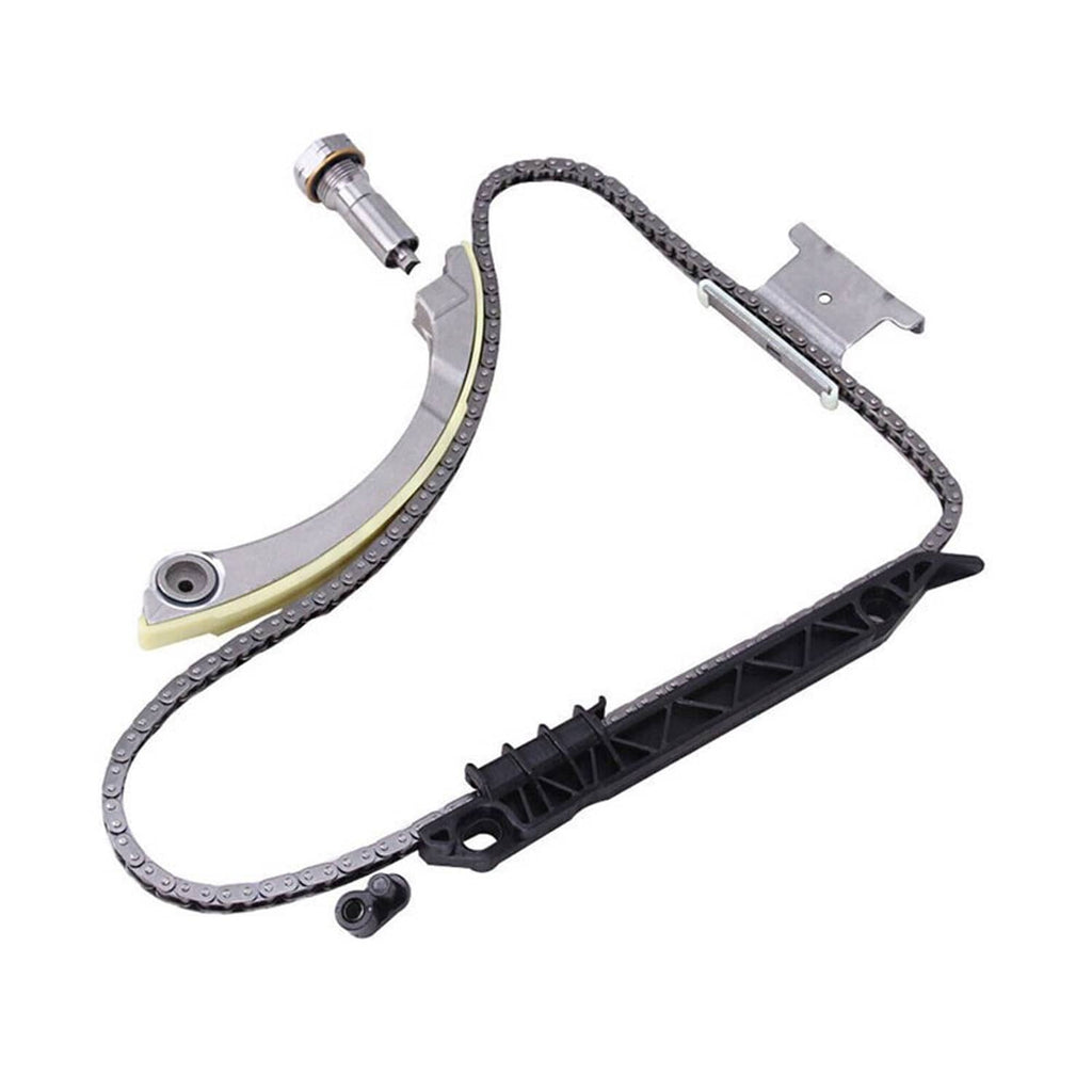 Timing chain kit assembly with chain, two guide rails, tensioner, and mounting pins