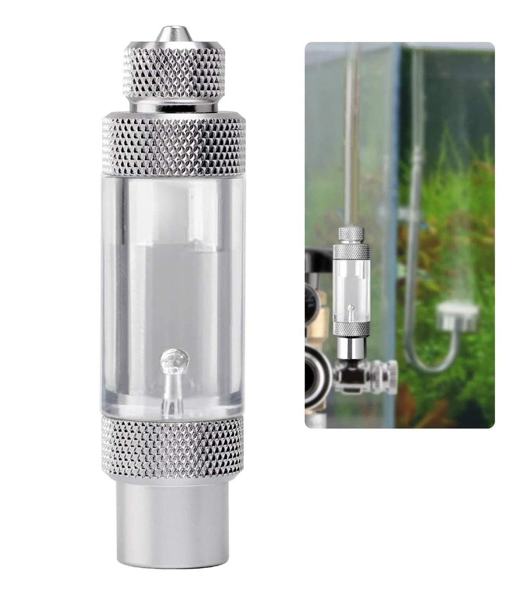 Metal CO2 bubble counter with check valve, clear cylinder and textured silver caps