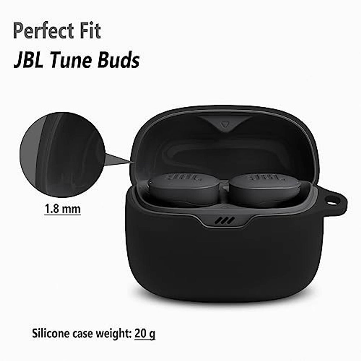 Black silicone earbud case with open lid, two earbuds seated inside