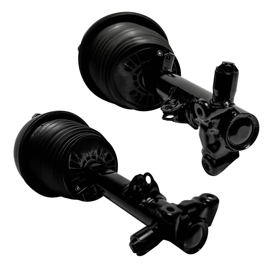Front air suspension shock struts with black bellows and top spring housings, angled pair