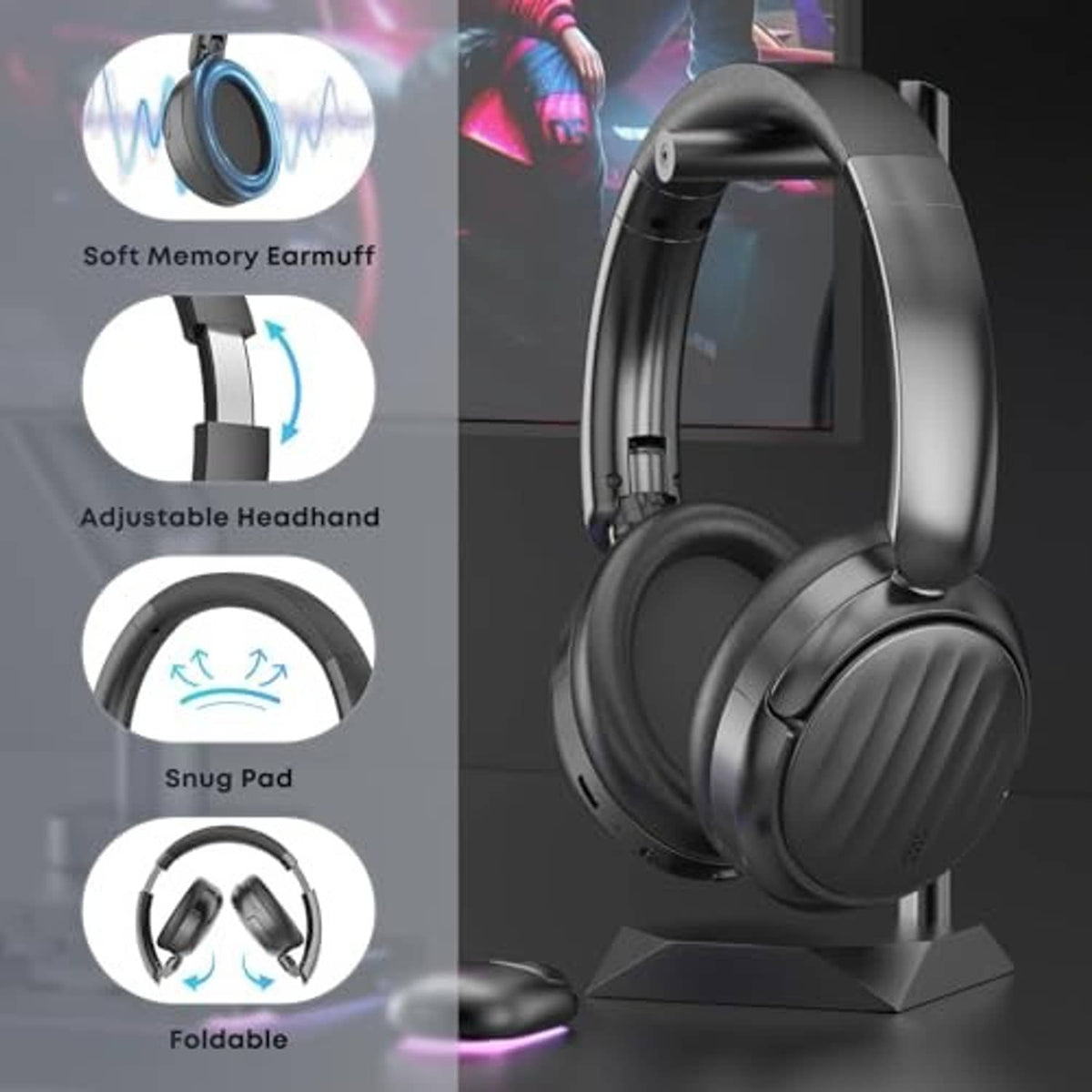 Black over-ear headphones with adjustable headband and soft memory-foam style pads