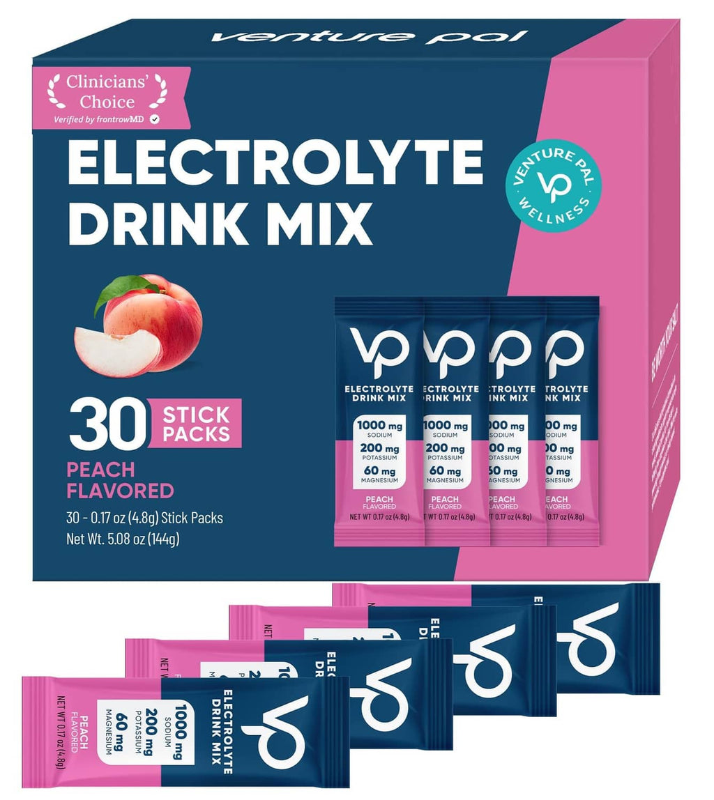 Electrolyte drink mix box with peach sticks, pink and blue packaging, 30 count