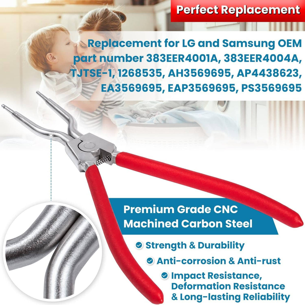 Washing machine spring expansion tool with red ergonomic grips and silver expansion head