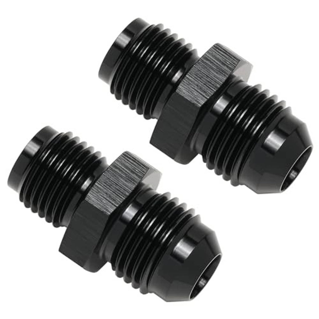 Black 6AN to 1/2-20 inverted flare adapter, close-up of threads and hex ends