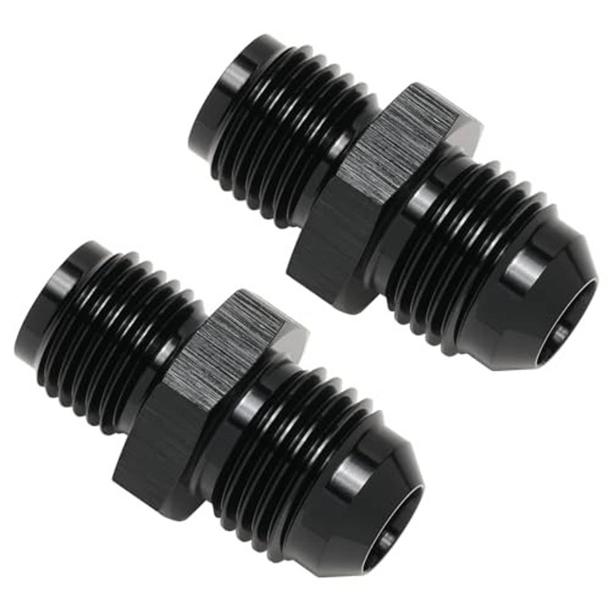 Black 6AN to 1/2-20 inverted flare adapter, close-up of threads and hex ends