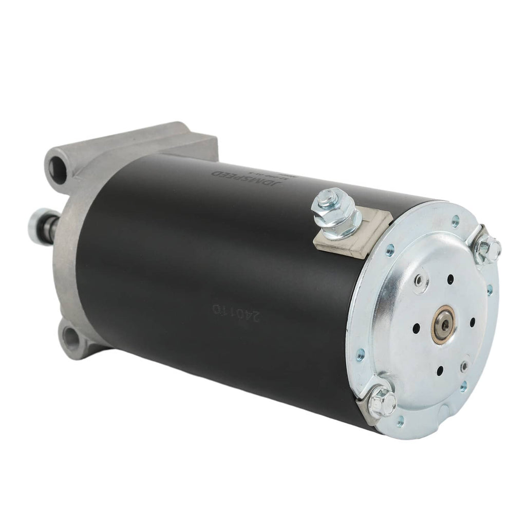 Electric starter motor with black cylinder and circular silver mounting plate