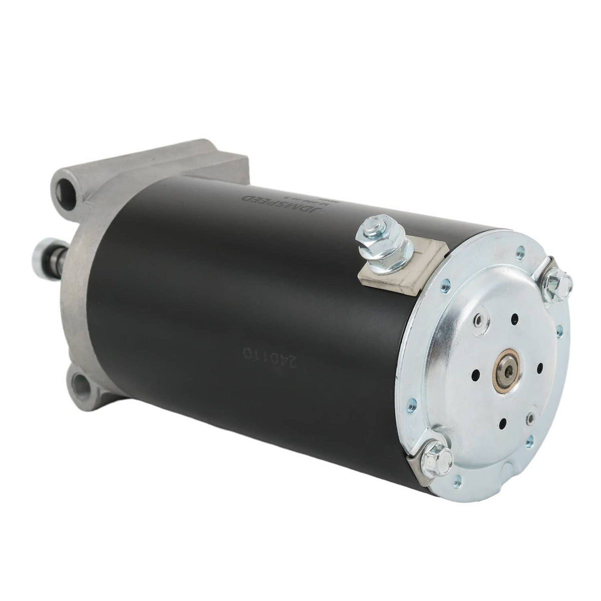 Electric starter motor with black cylinder and circular silver mounting plate
