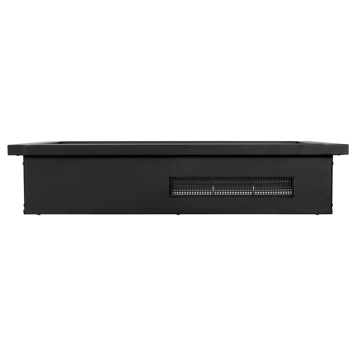 Black electric fireplace insert with front heater vent grille and flat top