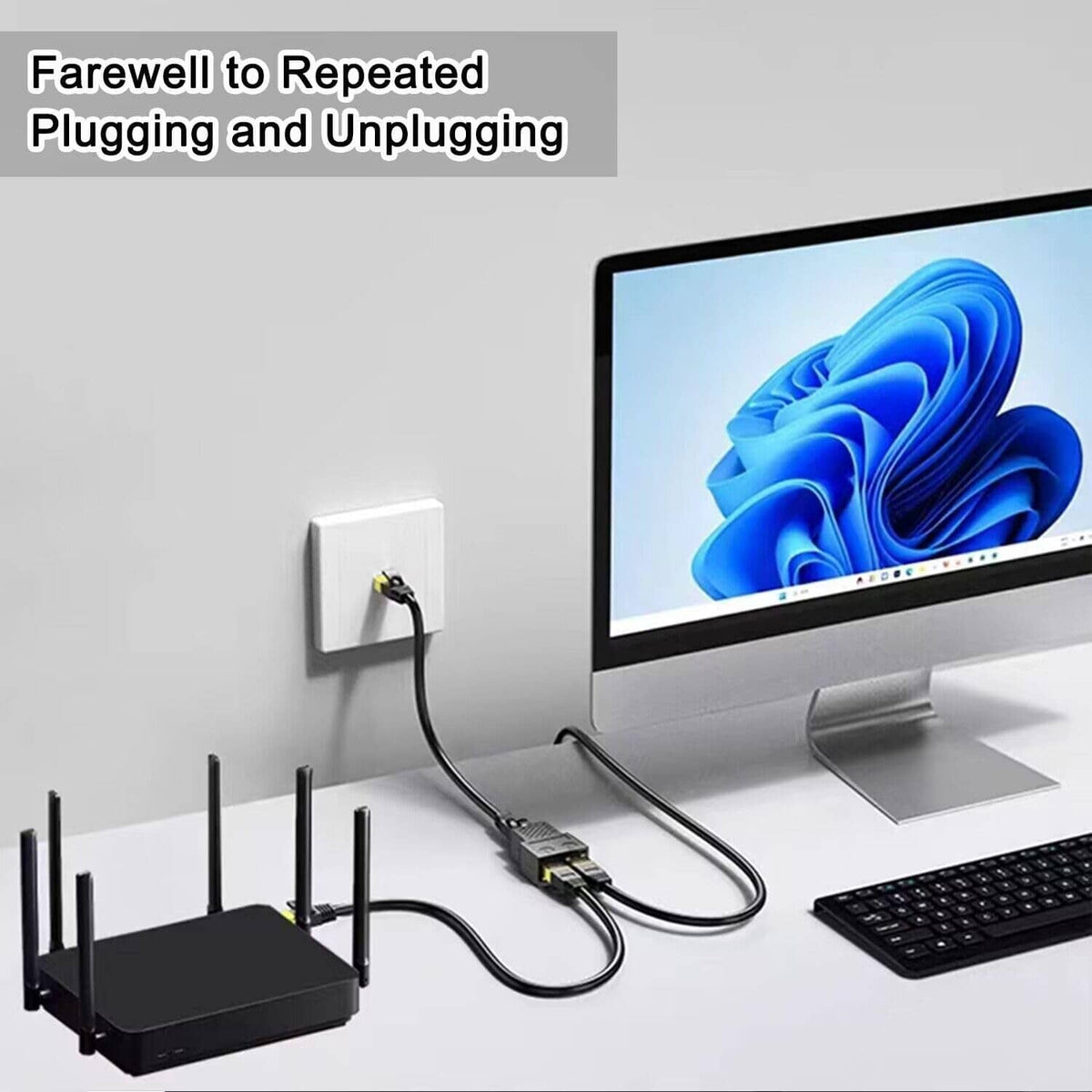 Black Ethernet splitter with two RJ45 jacks and cables plugged into network devices