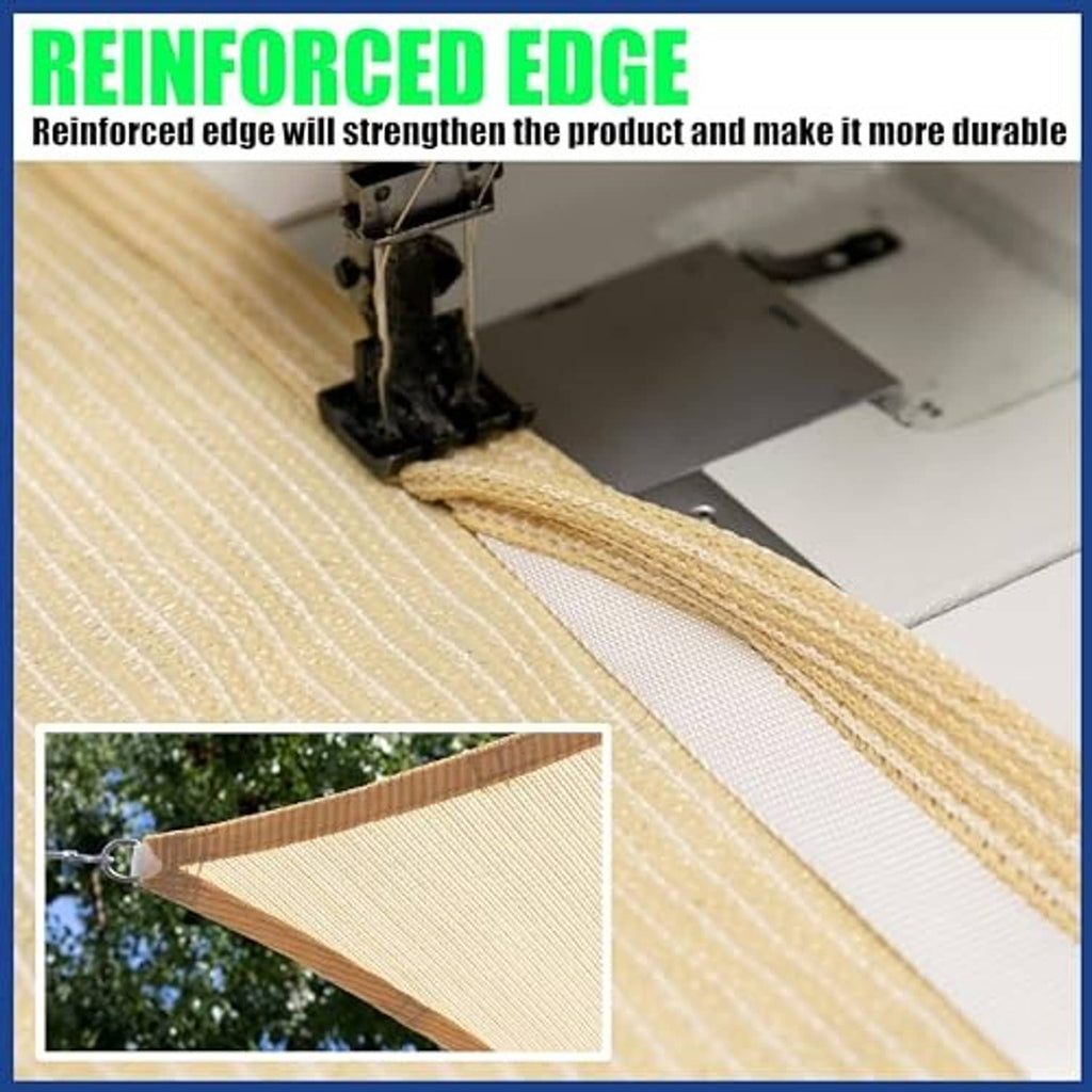 Reinforced edge shade sail seam with metal grommet and tie strap detail
