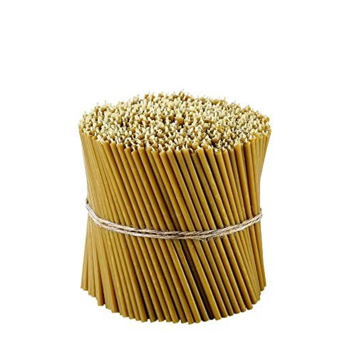 Beeswax thin taper candles bundle, golden candles tied with a white twine band.