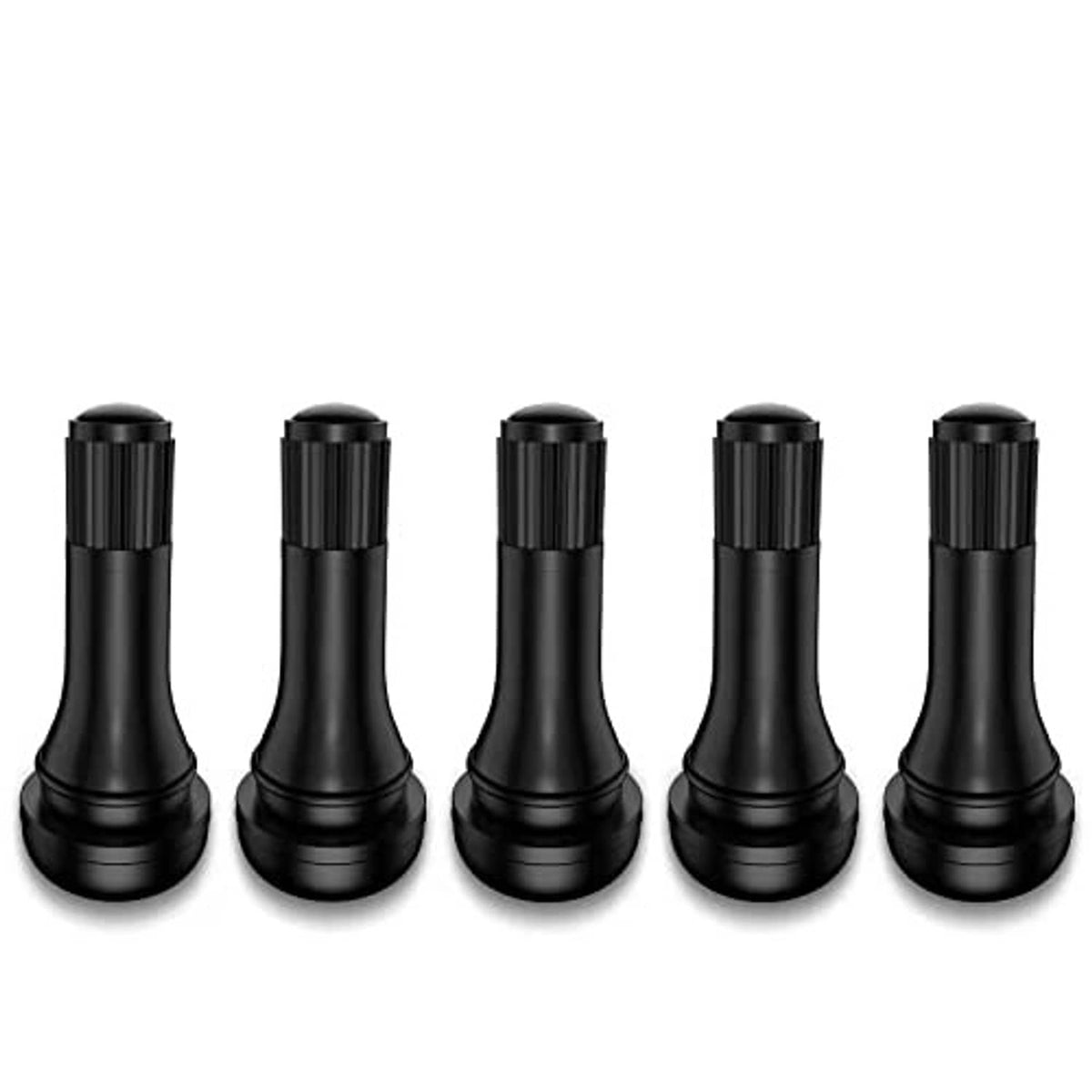 Black tire valve stems with ribbed caps, set of five