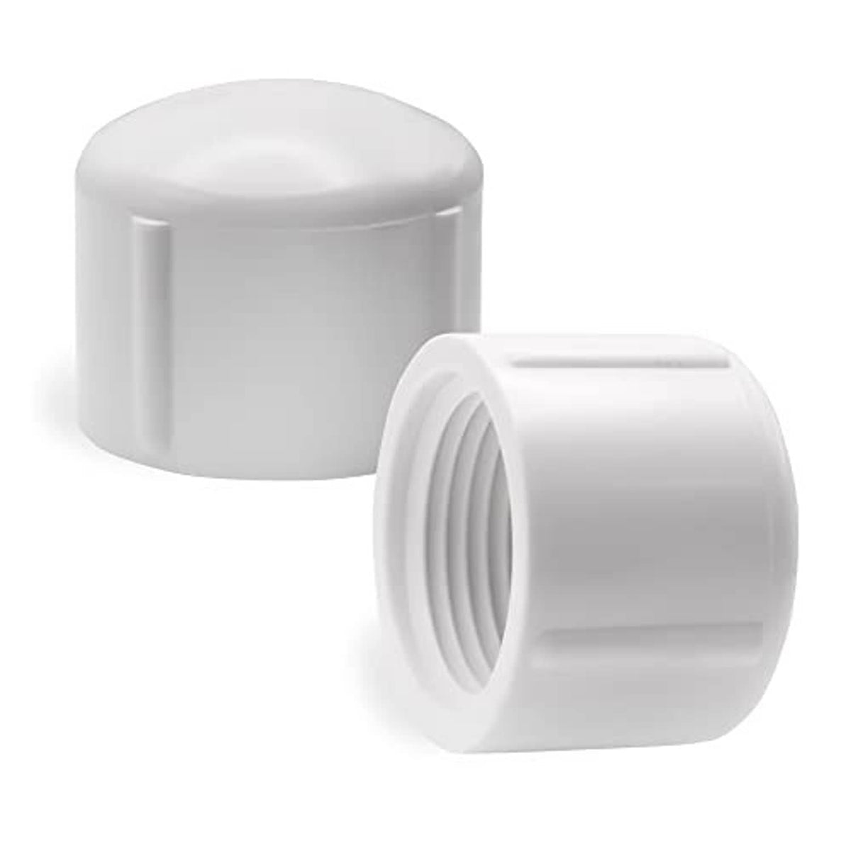 White PVC female pipe caps, 1/2 in FNPT, two-pack, one cap shows open threads