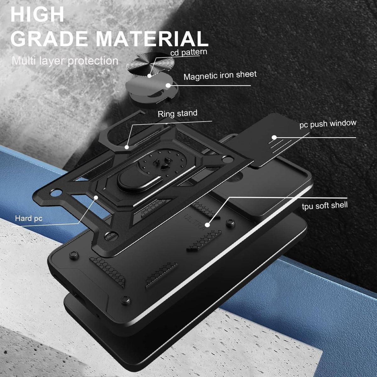 Black rugged phone case with ring stand and textured grip edges