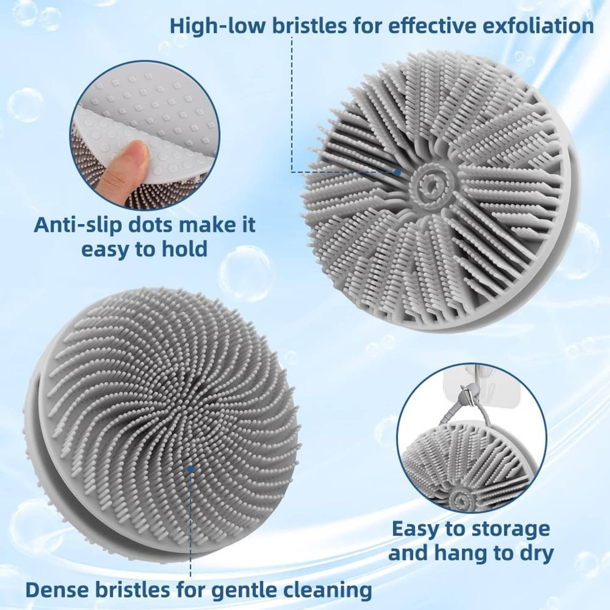 Grey silicone bath scrubber disc with dense bristles and raised anti-slip dots
